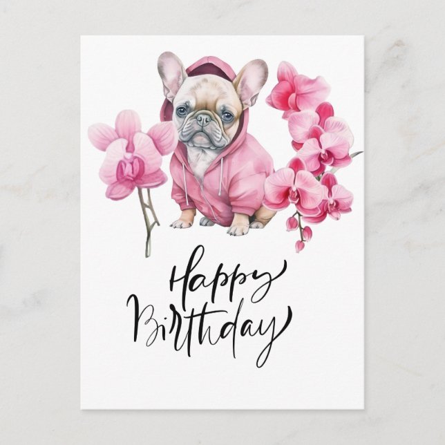 Postal Bulldog francés con acuarela de orquídea Cumpleaño (Anverso)