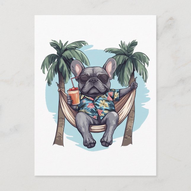 Postal Bulldog Francés con camisa hawaiana (Anverso)