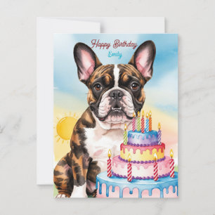 Postal Bulldog Francés con pastel de cumpleaños