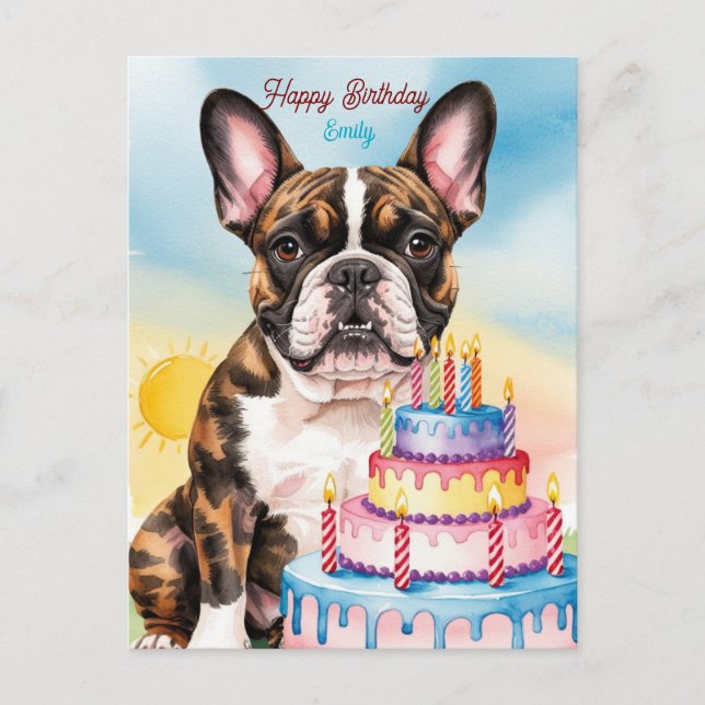 Postal Bulldog Francés con pastel de cumpleaños (Anverso)