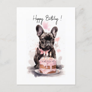 Postal Bulldog Francés con pastel de cumpleaños