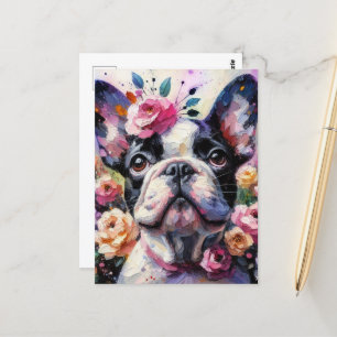 Postal Bulldog francés con Rosas Pintura impresionista