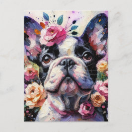Postal Bulldog francés con Rosas Pintura impresionista