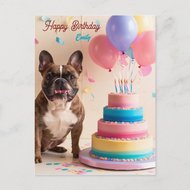 Postal Bulldog francés con torta de cumpleaños (Anverso)