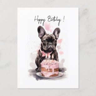 Postal Bulldog francés con torta de cumpleaños