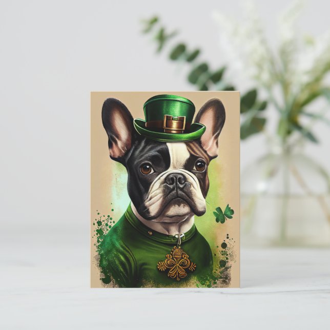 Postal Bulldog francés con vestido de San Patricio (Anverso de pie)
