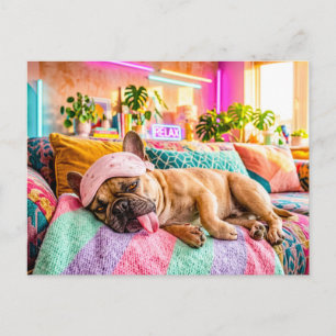 Postal Bulldog Francés Durmiendo con Máscara para los Ojo