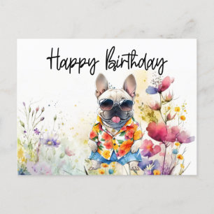 Postal Bulldog francés en campo de flores Cumpleaños