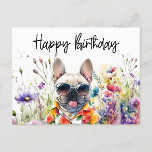 Postal Bulldog francés en campo de flores Cumpleaños
