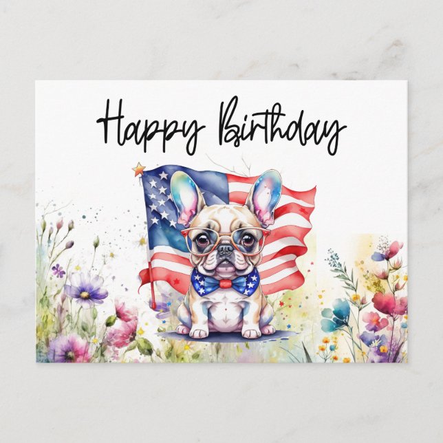 Postal Bulldog francés en campo de flores Cumpleaños (Anverso)