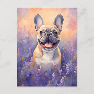 Postal Bulldog francés en el campo Lavender