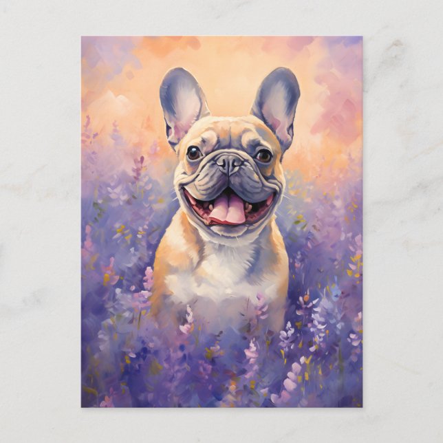 Postal Bulldog francés en el campo Lavender (Anverso)