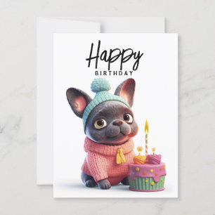 Postal Bulldog francés lindo, vestido rosa, pastel de cum