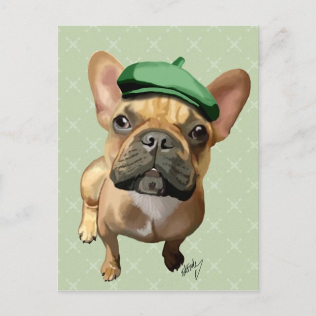 Postal Bulldog francés marrón con Gorra verde (Anverso)