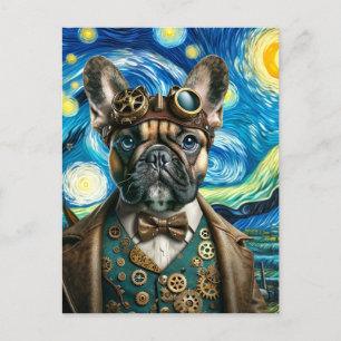 Postal Bulldog francés Steampunk en la noche estrellada