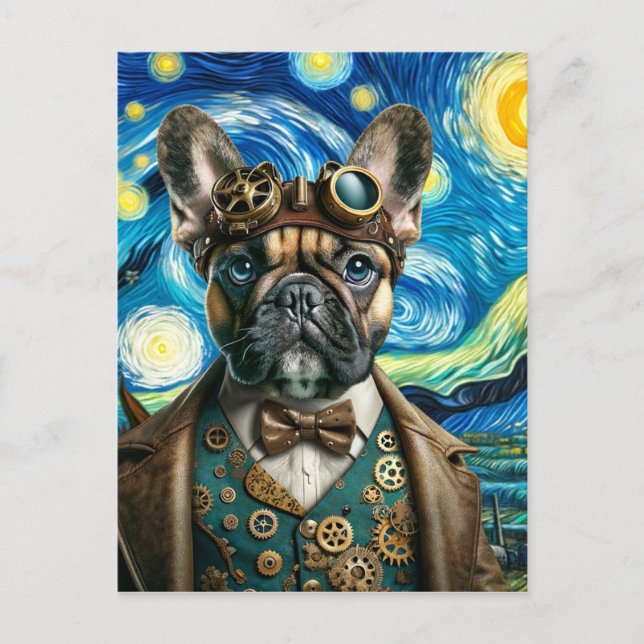 Postal Bulldog francés Steampunk en la noche estrellada (Anverso)