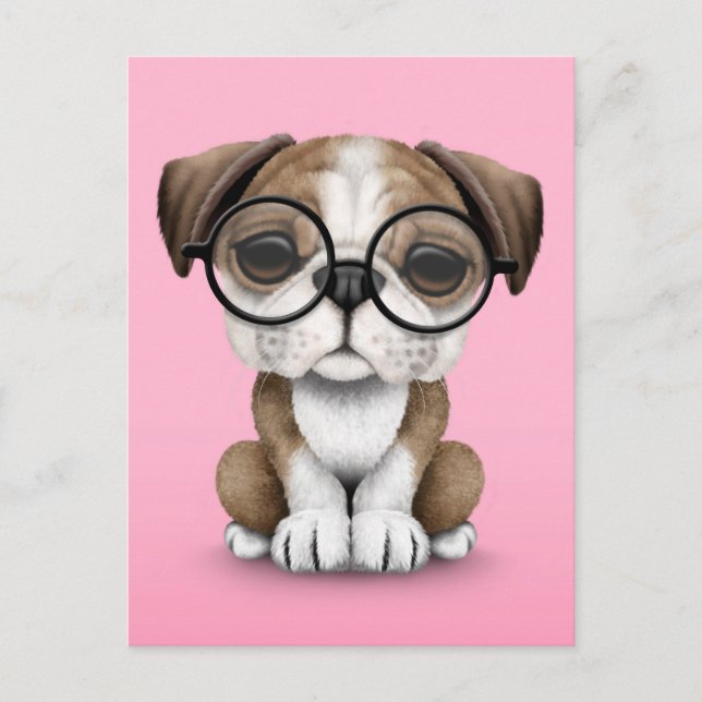 Postal Bulldog inglés lindo cachorro con gafas rosadas (Anverso)