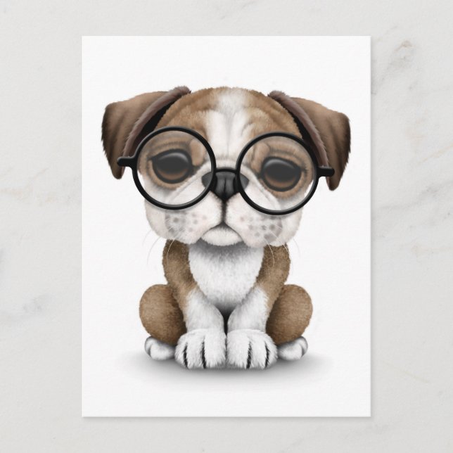 Postal Bulldog inglés lindo cachorro con lentes de vidrio (Anverso)