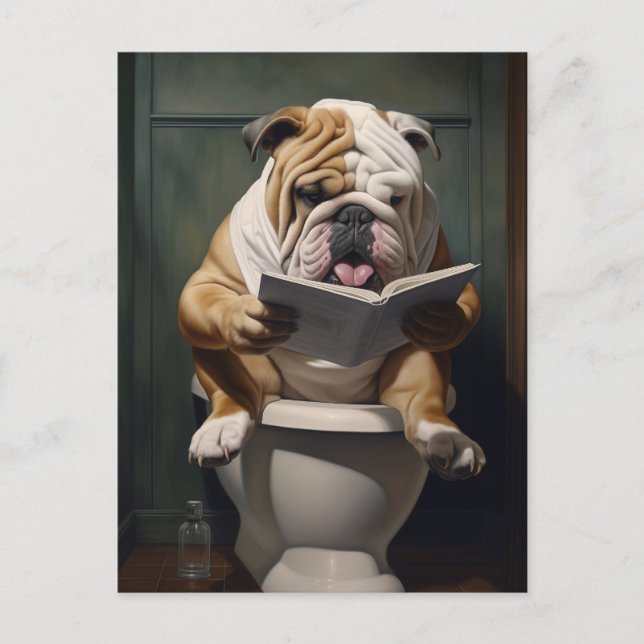 Postal Bulldog literario | Humor divertido en el baño (Anverso)