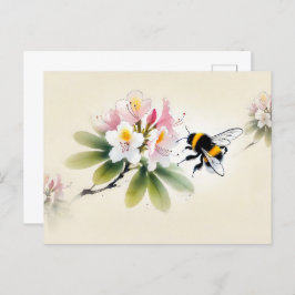 Postal Bumblebee de tinta china sobre rododendros