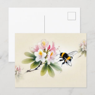 Postal Bumblebee de tinta china sobre rododendros