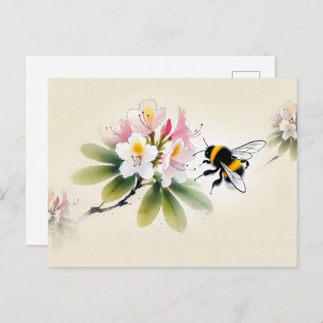 Postal Bumblebee de tinta china sobre rododendros (Anverso / Reverso)