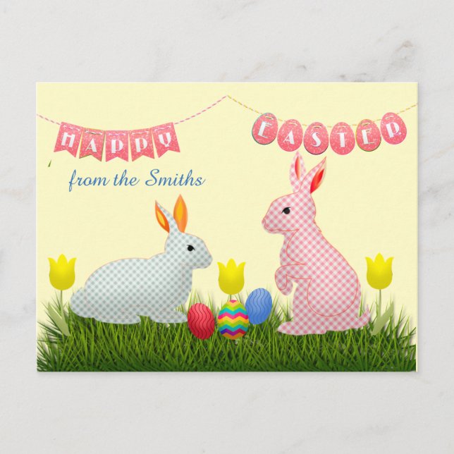 Postal Bunnies, huevos, tulipanes y fiesta de Pascua (Anverso)