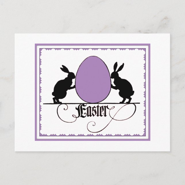 Postal Bunnies retro y silueta de huevo de Pascua morado (Anverso)