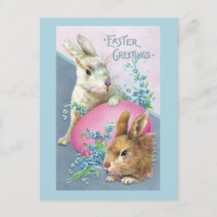 Postal Bunnios de época y huevo rosa gigante