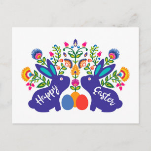 Postal Bunnix 🐰 azul con flores folclóricas Personalizad