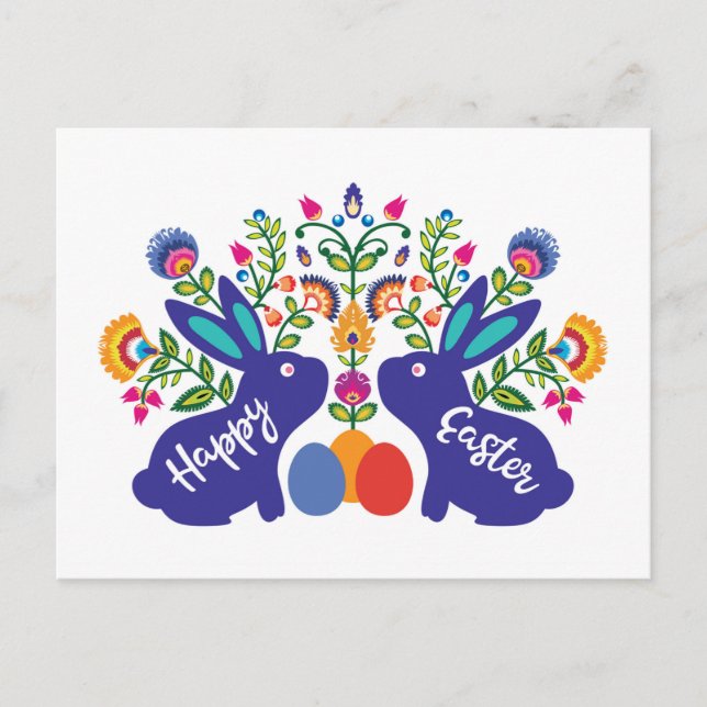 Postal Bunnix 🐰 azul con flores folclóricas Personalizad (Anverso)