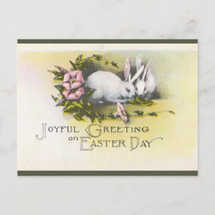 Postal Bunnix Vintage con flores rosadas Pascua