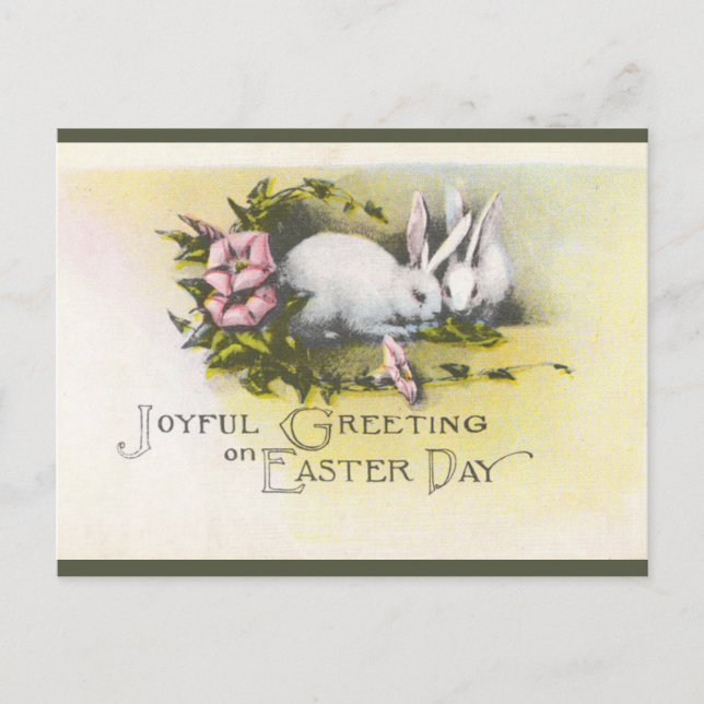 Postal Bunnix Vintage con flores rosadas Pascua (Anverso)
