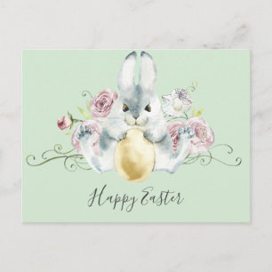 Postal Bunny acuarela y flores Pascua
