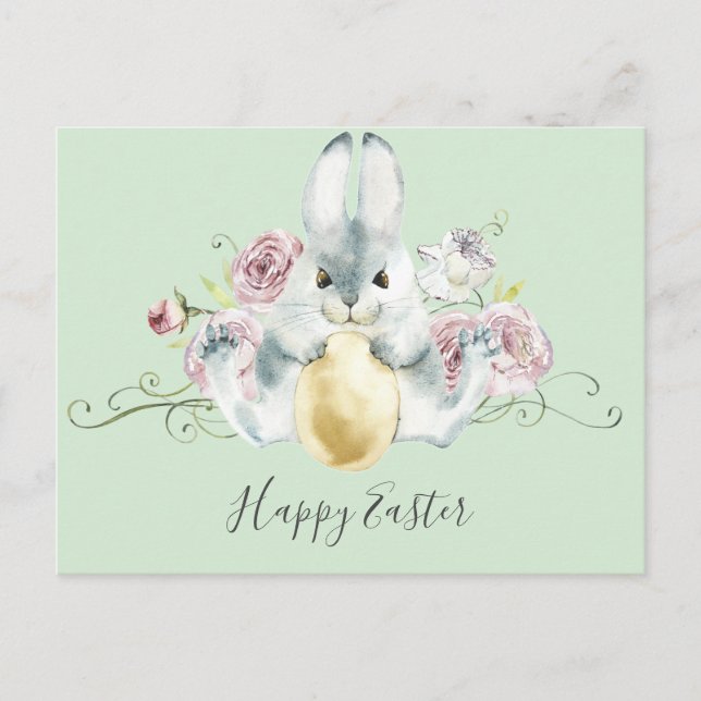 Postal Bunny acuarela y flores Pascua (Anverso)