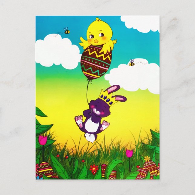 Postal Bunny Bee Chicks Semana Santa Huevos Caza Acuarela (Anverso)