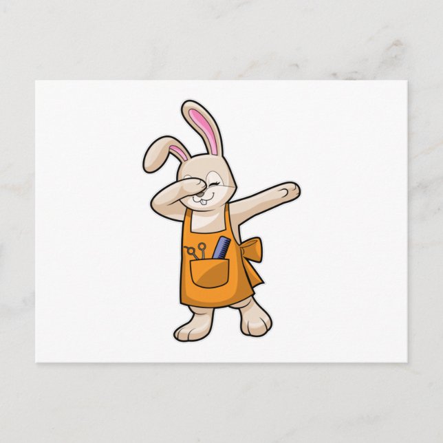 Postal Bunny como peluquero con comb y tijera (Anverso)