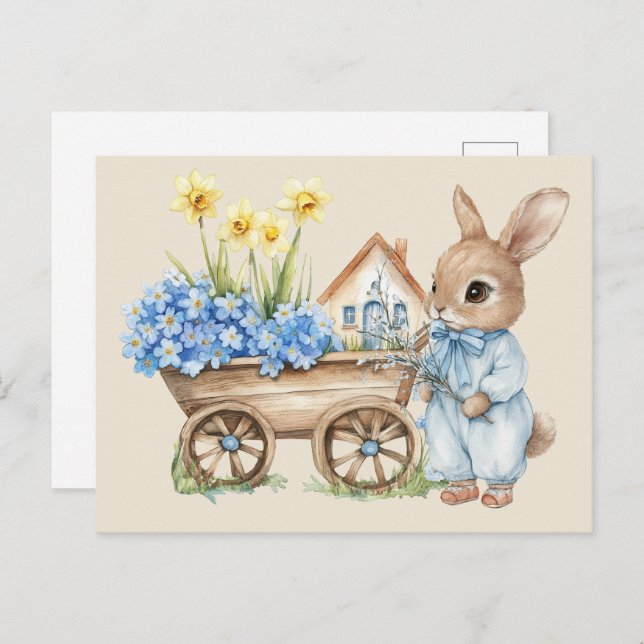 Postal Bunny personalizado con flores azules (Anverso / Reverso)