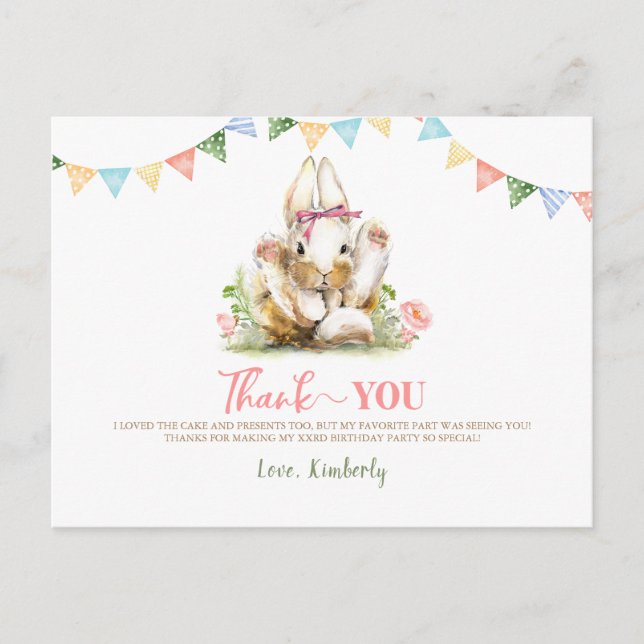Postal Bunny Pink Floral Birday Gracias (Anverso)