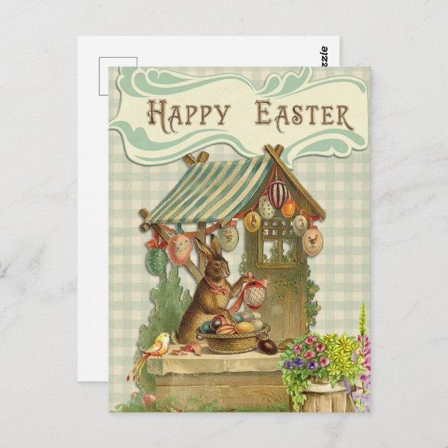 Postal Bunny retro vintage con huevos de Pascua (Anverso / Reverso)