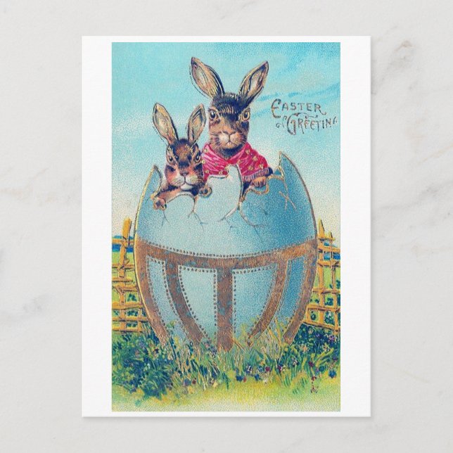 Postal Bunny vintage de Pascua y huevo grande decorado (Anverso)