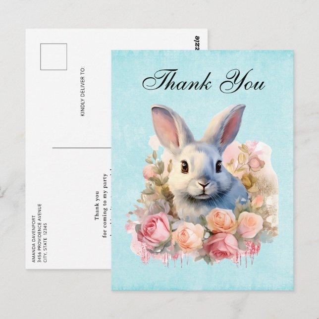Postal Bunny with a Garland of Roses Cute Thank You (Anverso / Reverso)