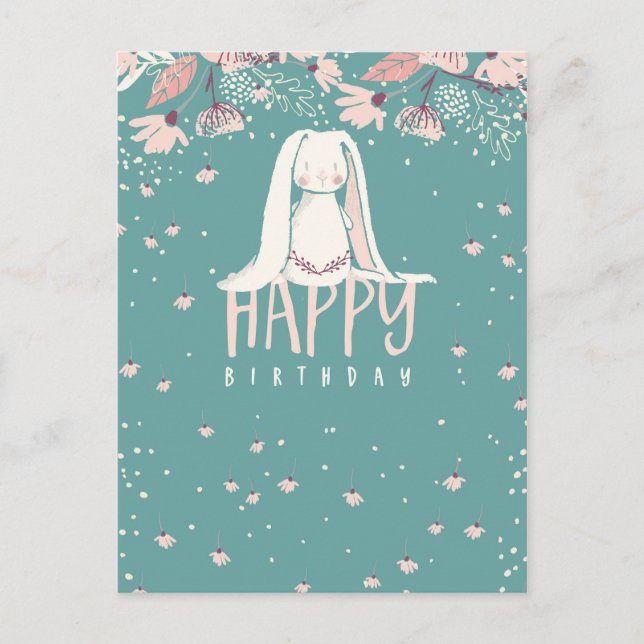 Postal Bunny y flores blancas | Cumpleaños (Anverso)