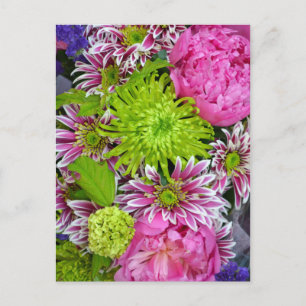 Postal Buqué de flores rosa y verde