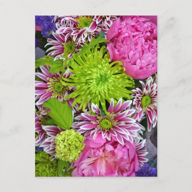 Postal Buqué de flores rosa y verde (Anverso)