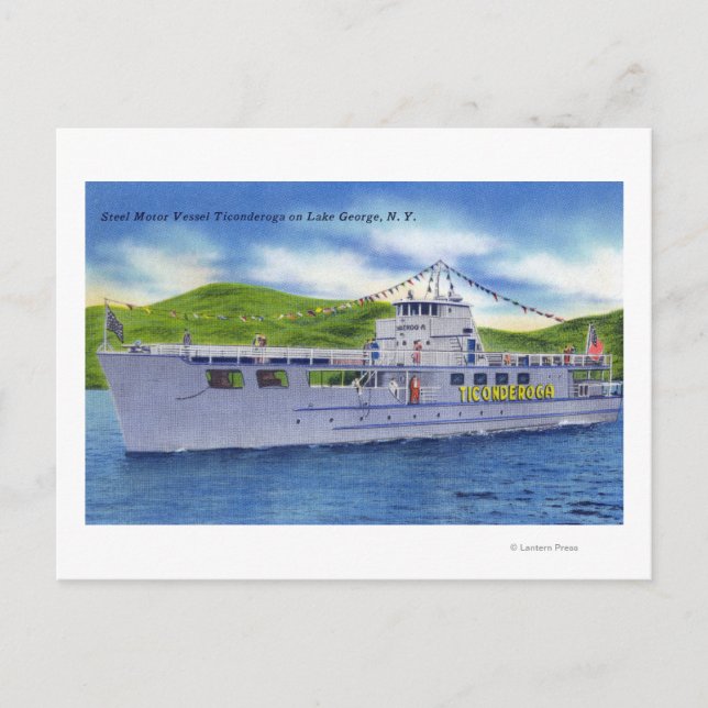 Postal Buque de motor de acero Ticonderoga en el lago (Anverso)