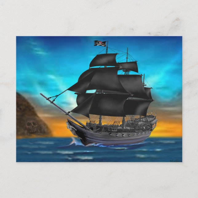 POSTAL BUQUE PIRATA AL ATARDECER (Anverso)
