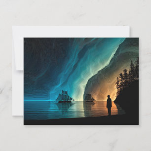 Postal Buques de vela, auroras boreales, litoral rocoso