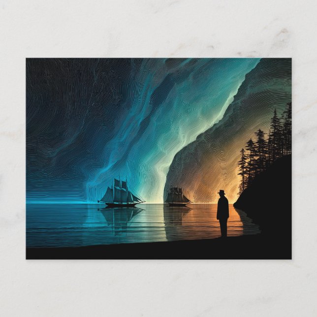 Postal Buques de vela, auroras boreales, litoral rocoso (Anverso)