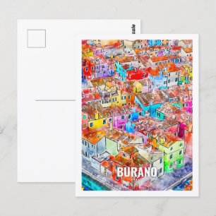 Postal Burano Italia Famoso lugar de viaje acuarela